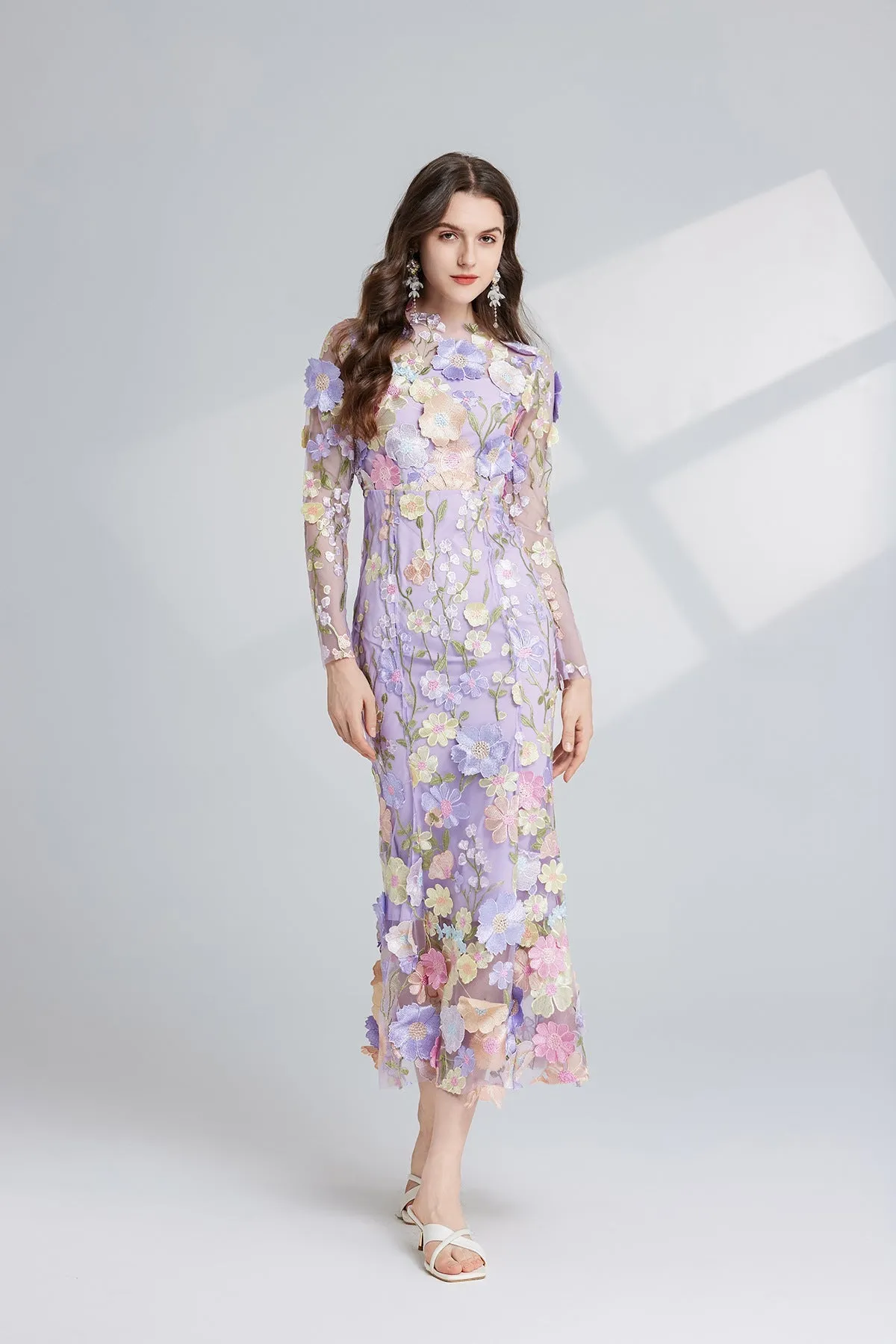 CAROL PURPLE FLORAL EMBROIDERY MESH LONG SLEEVE MIDI DRESS Gloria Lanvin