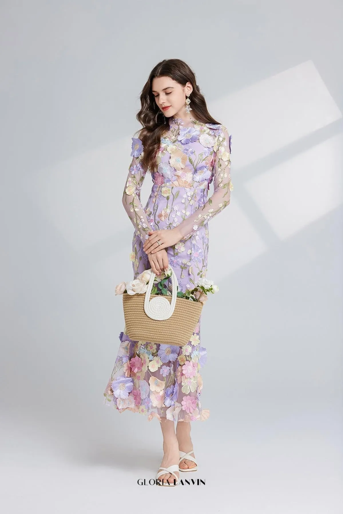 CAROL PURPLE FLORAL EMBROIDERY MESH LONG SLEEVE MIDI DRESS Gloria Lanvin