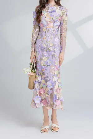 CAROL PURPLE FLORAL EMBROIDERY MESH LONG SLEEVE MIDI DRESS Gloria Lanvin