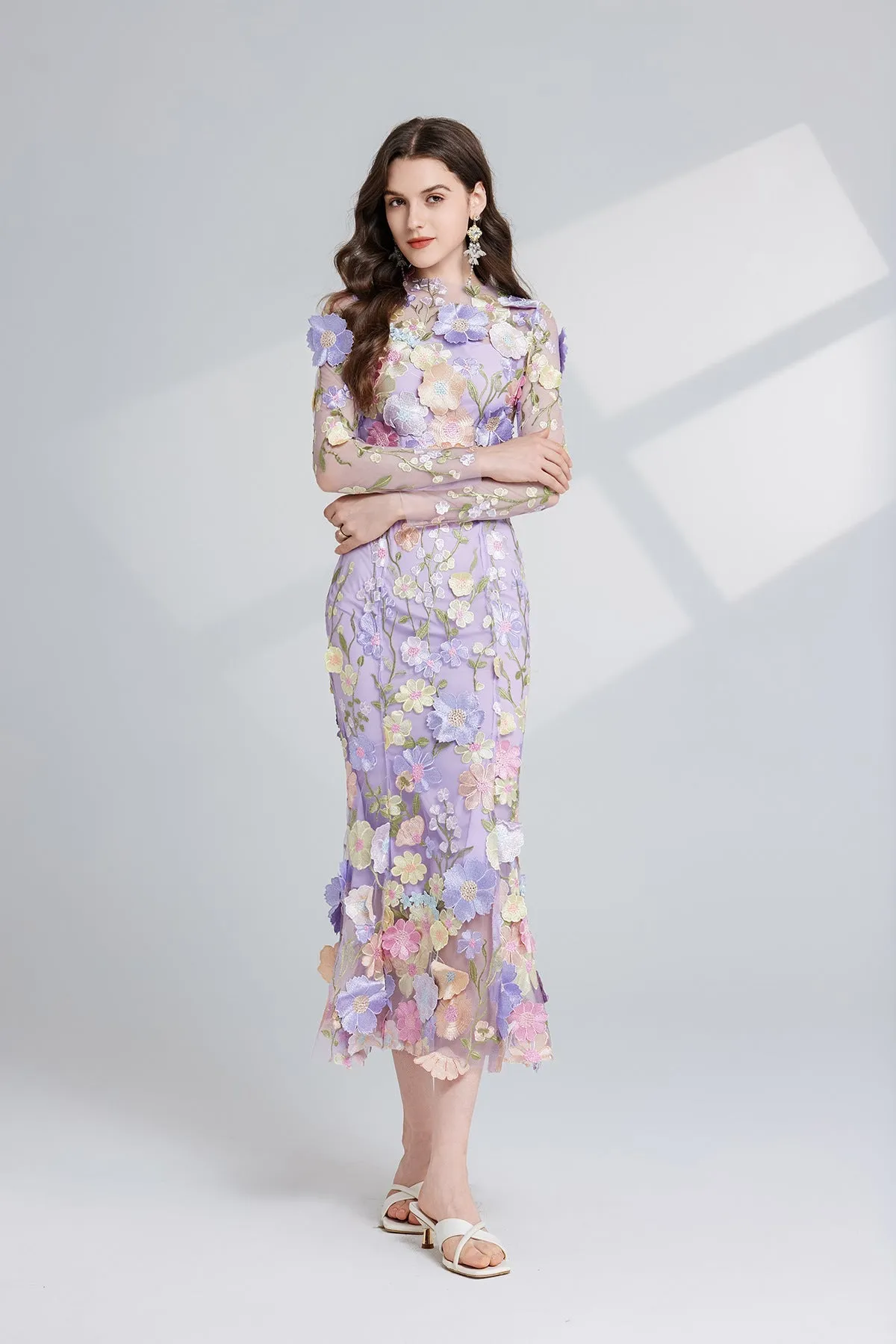 CAROL PURPLE FLORAL EMBROIDERY MESH LONG SLEEVE MIDI DRESS Gloria Lanvin