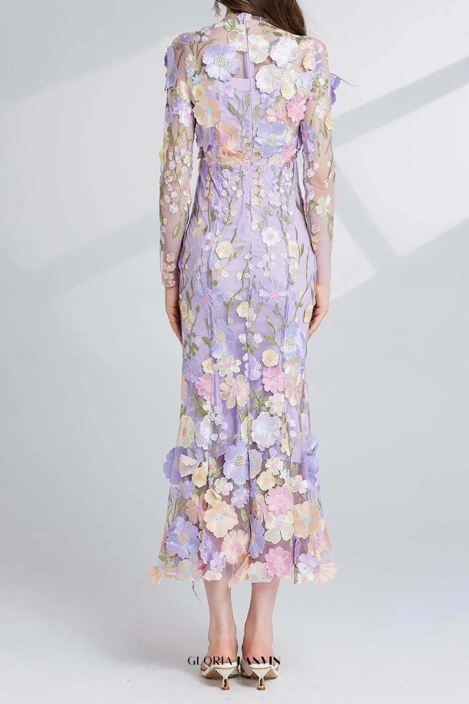 CAROL PURPLE FLORAL EMBROIDERY MESH LONG SLEEVE MIDI DRESS Gloria Lanvin