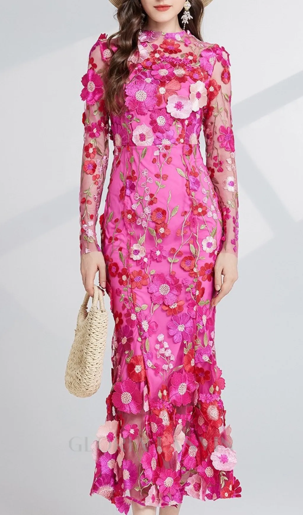 CAROL ROSE RED FLORAL EMBROIDERY MESH LONG SLEEVE MIDI DRESS Gloria Lanvin