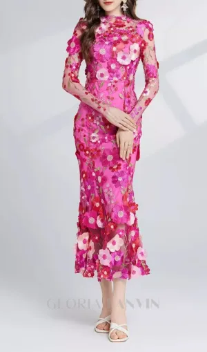 CAROL ROSE RED FLORAL EMBROIDERY MESH LONG SLEEVE MIDI DRESS Gloria Lanvin
