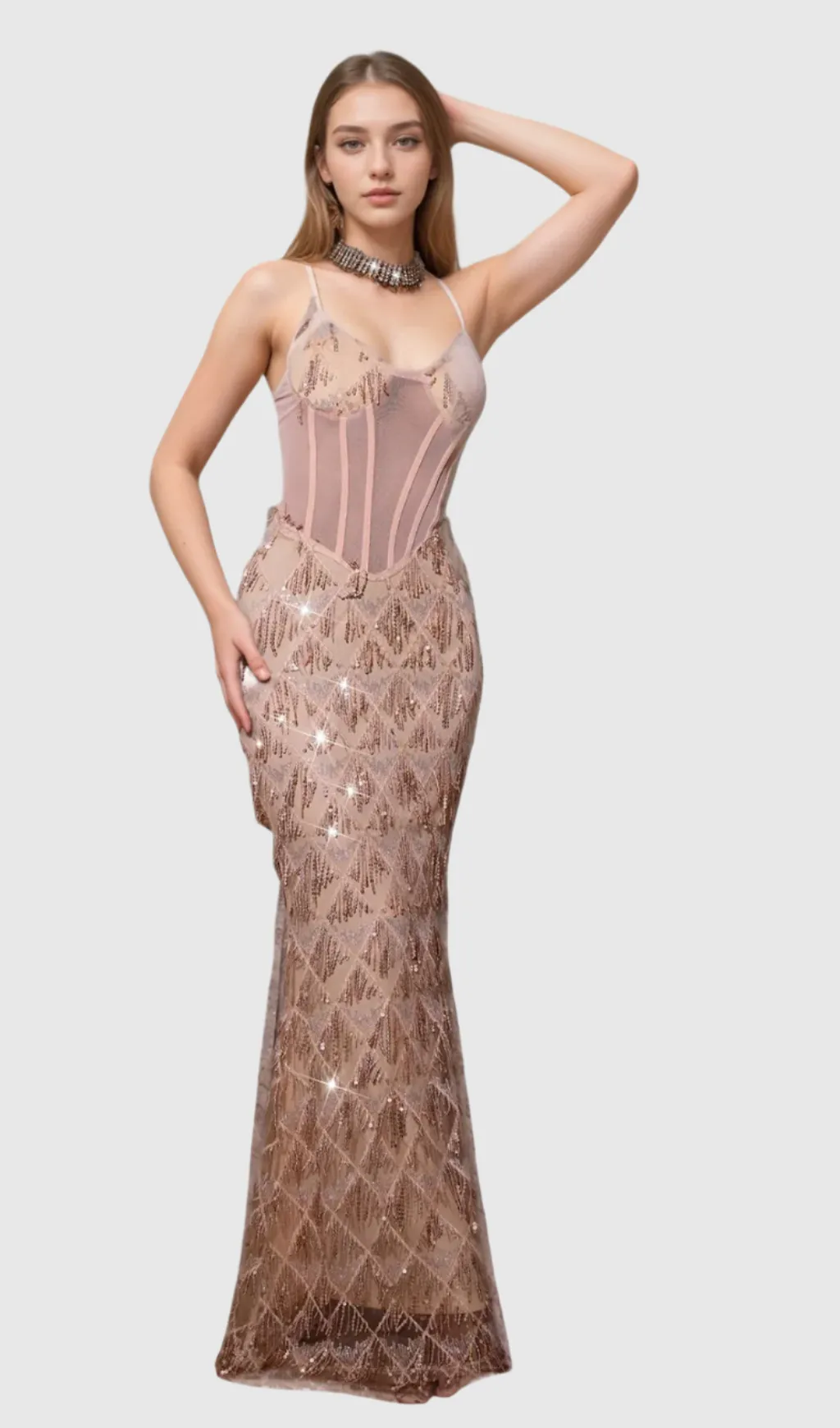 Carol Sequin Fringe Maxi Dress In Apricot Gloria Lanvin