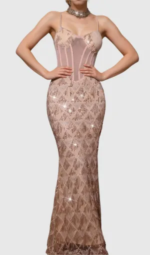Carol Sequin Fringe Maxi Dress In Apricot Gloria Lanvin