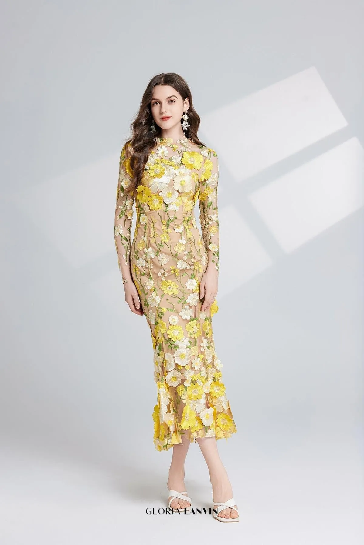 CAROL YELLOW FLORAL EMBROIDERY MESH LONG SLEEVE MIDI DRESS Gloria Lanvin