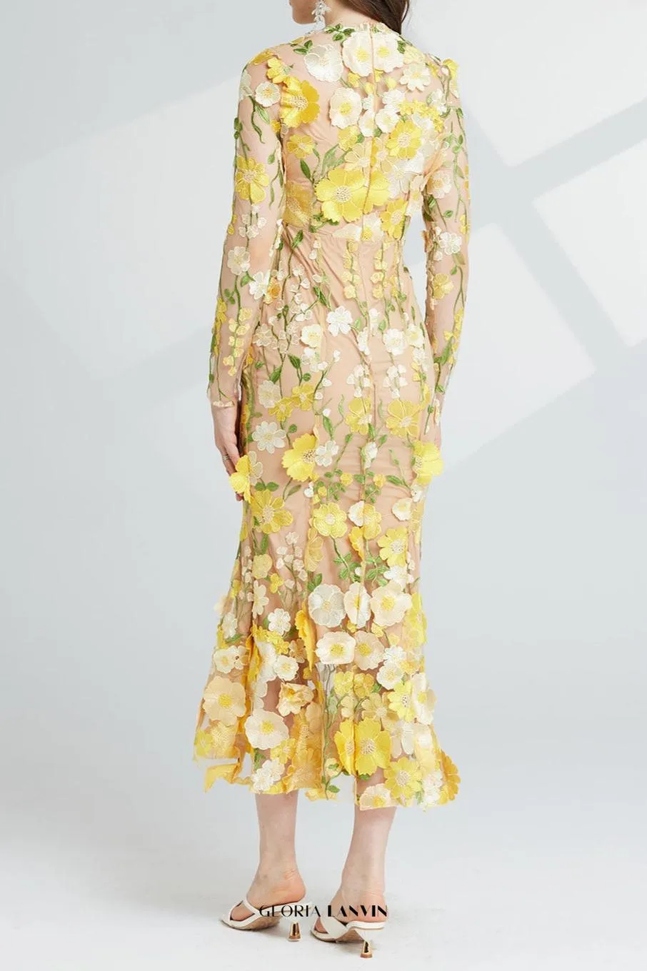 CAROL YELLOW FLORAL EMBROIDERY MESH LONG SLEEVE MIDI DRESS Gloria Lanvin