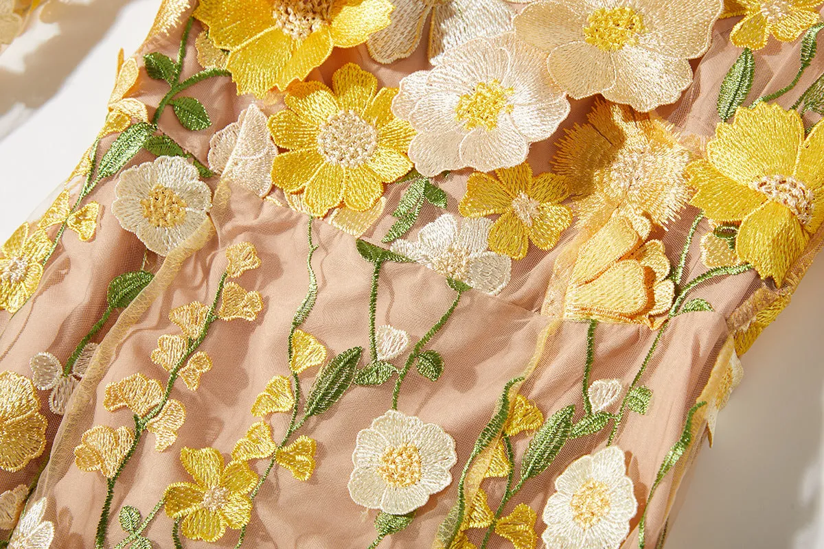 CAROL YELLOW FLORAL EMBROIDERY MESH LONG SLEEVE MIDI DRESS Gloria Lanvin