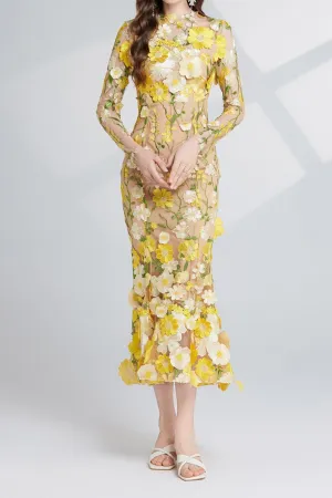 CAROL YELLOW FLORAL EMBROIDERY MESH LONG SLEEVE MIDI DRESS Gloria Lanvin