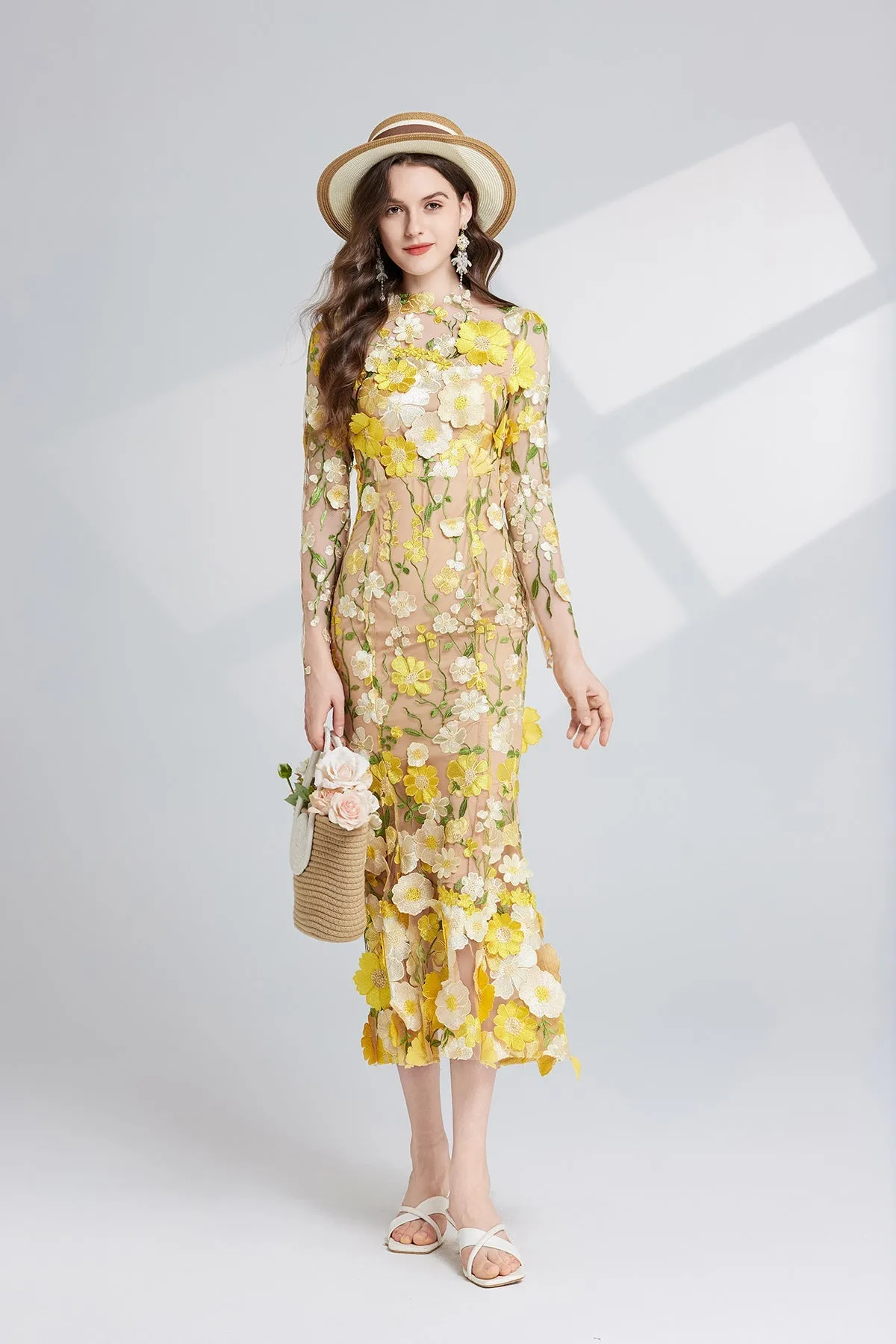CAROL YELLOW FLORAL EMBROIDERY MESH LONG SLEEVE MIDI DRESS Gloria Lanvin