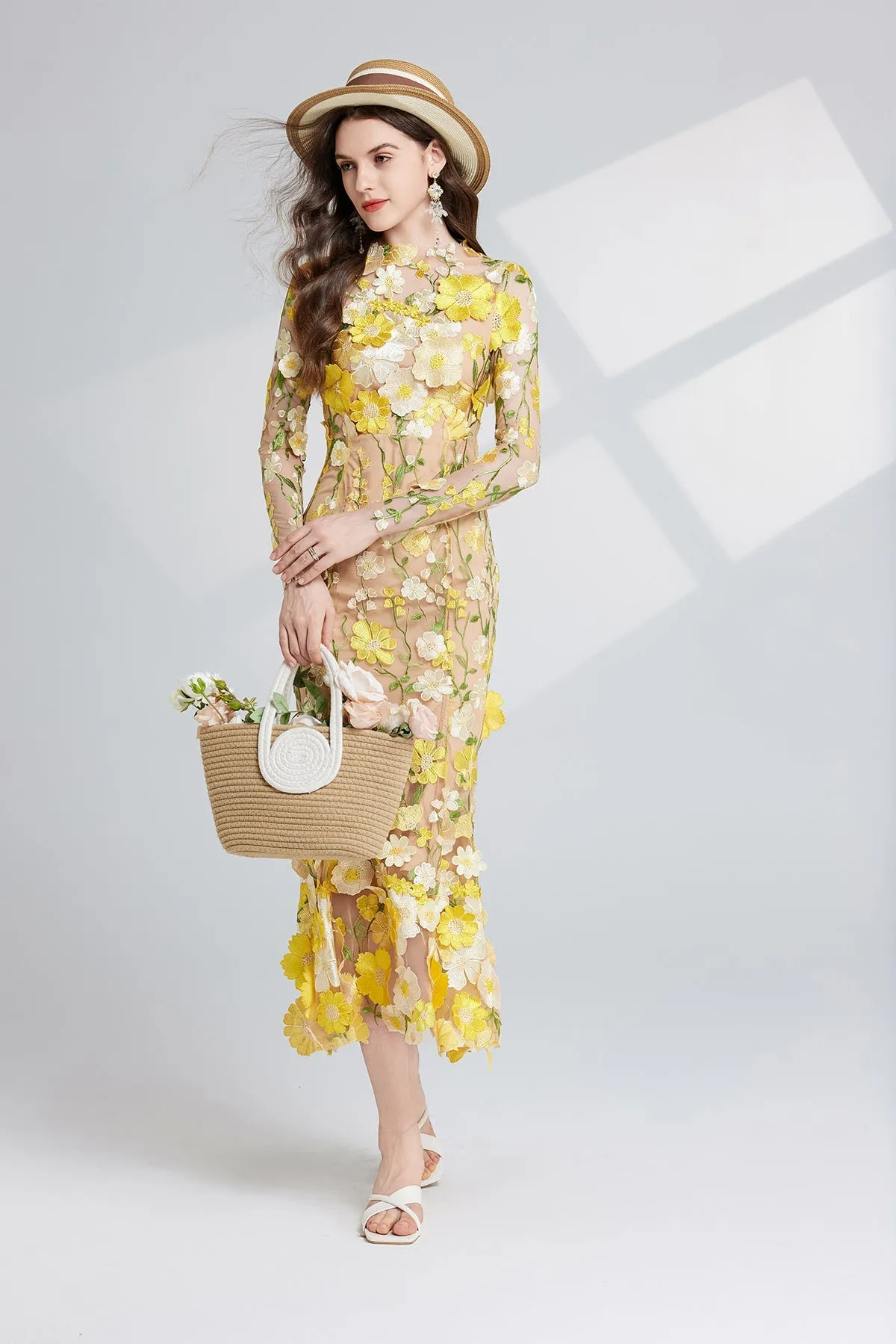 CAROL YELLOW FLORAL EMBROIDERY MESH LONG SLEEVE MIDI DRESS Gloria Lanvin