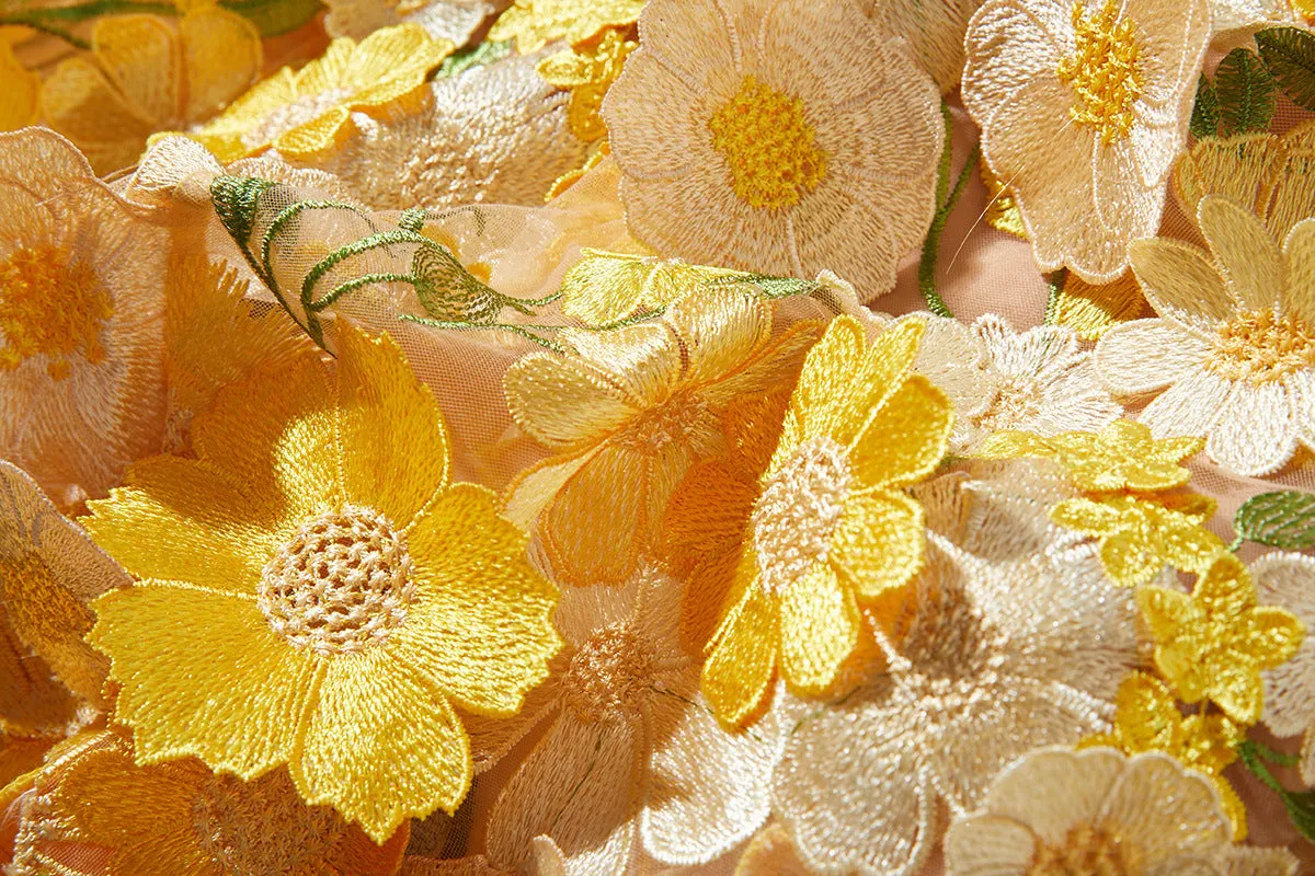 CAROL YELLOW FLORAL EMBROIDERY MESH LONG SLEEVE MIDI DRESS Gloria Lanvin