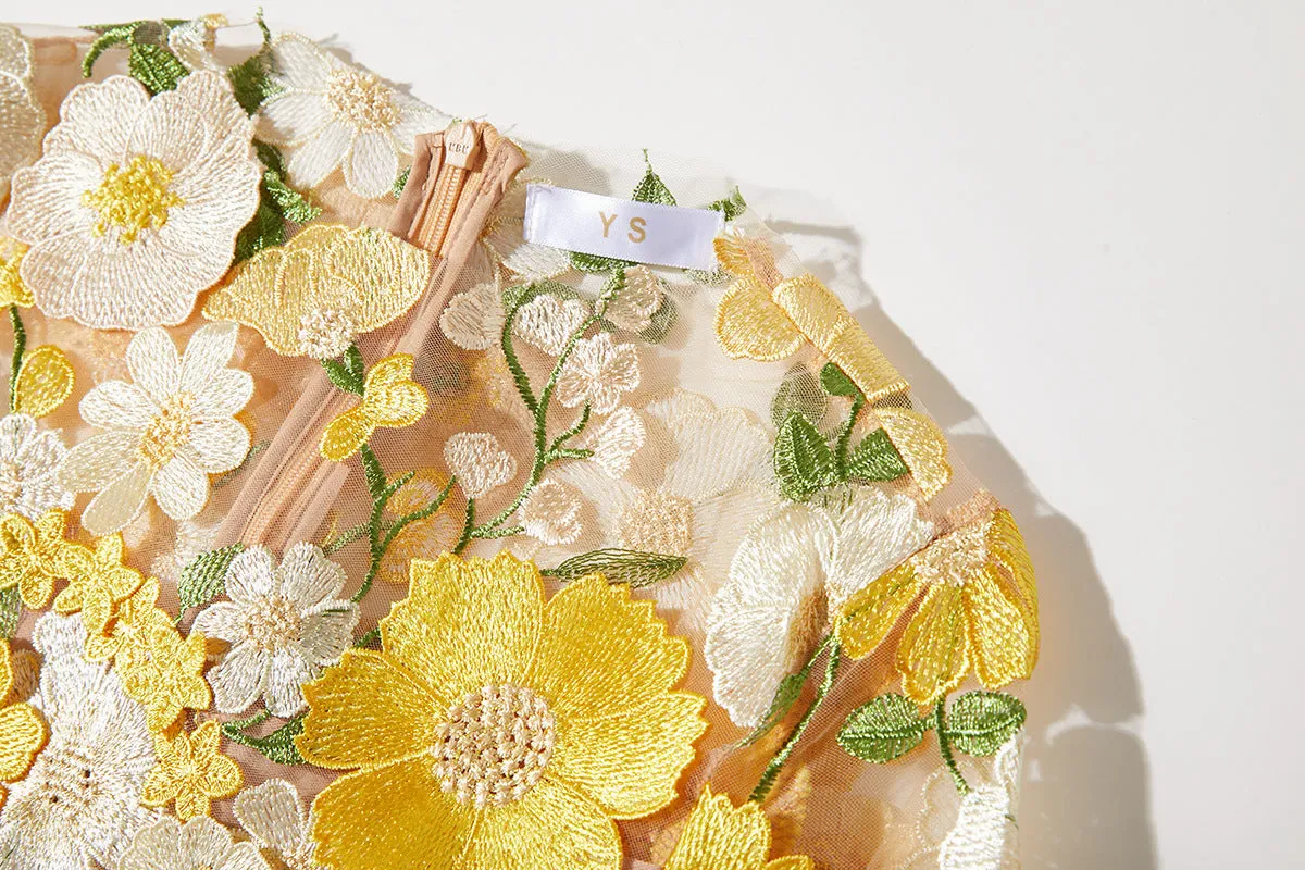 CAROL YELLOW FLORAL EMBROIDERY MESH LONG SLEEVE MIDI DRESS Gloria Lanvin