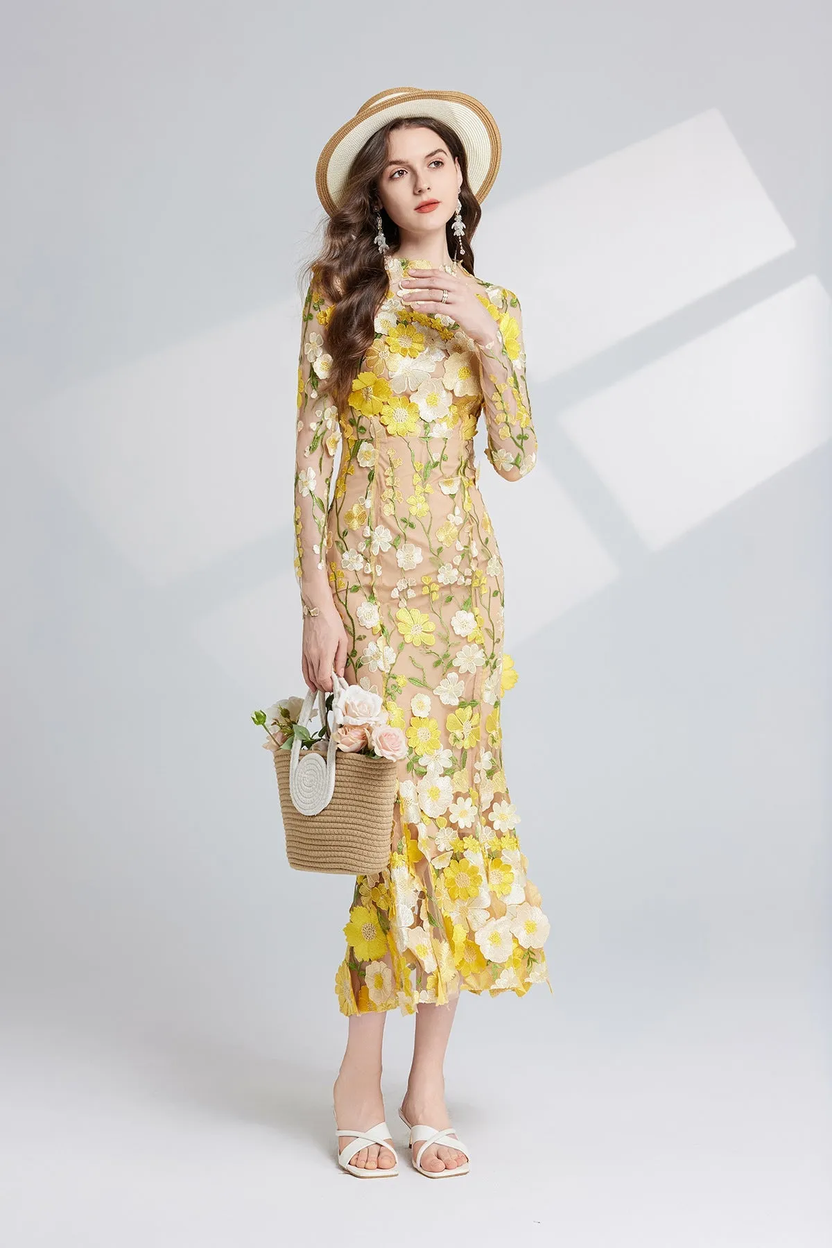 CAROL YELLOW FLORAL EMBROIDERY MESH LONG SLEEVE MIDI DRESS Gloria Lanvin