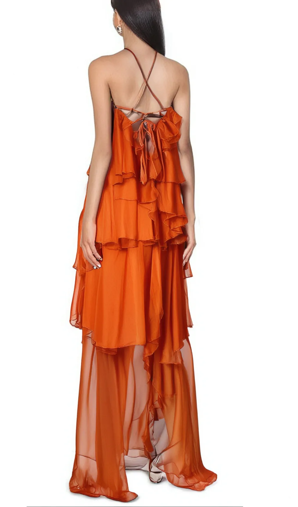 Carrie orange halterneck flounced maxi dress Gloria Lanvin