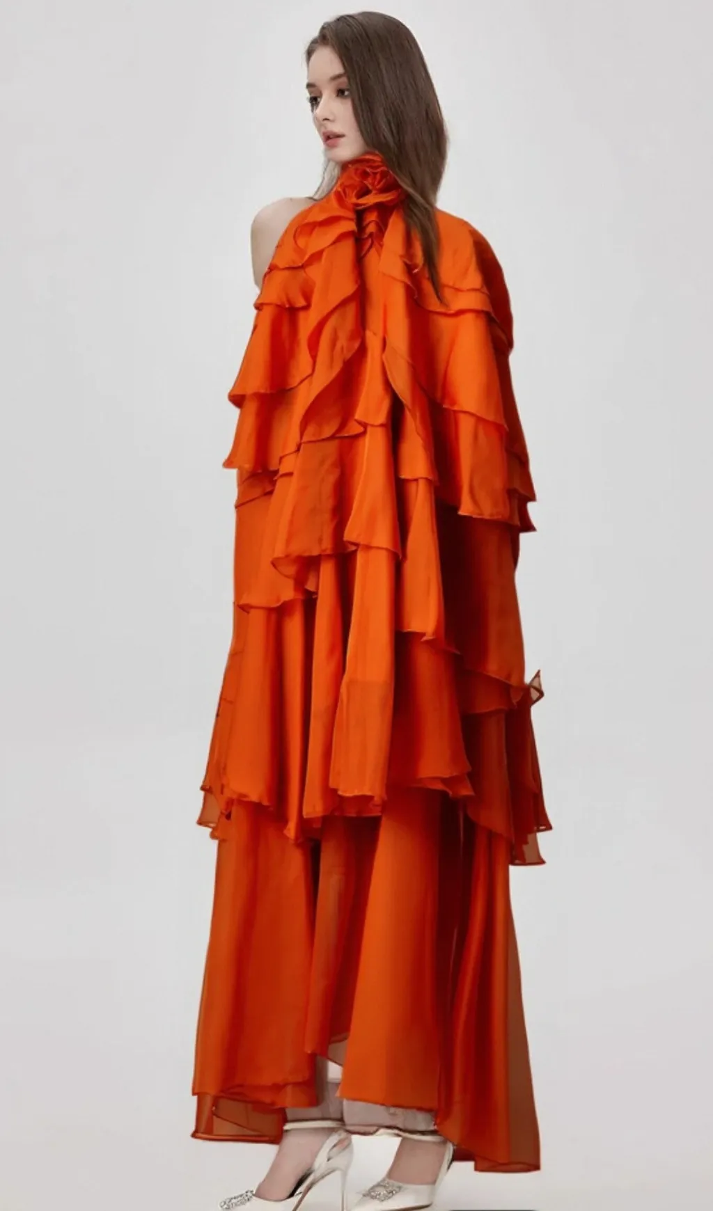 Carrie orange halterneck flounced maxi dress Gloria Lanvin