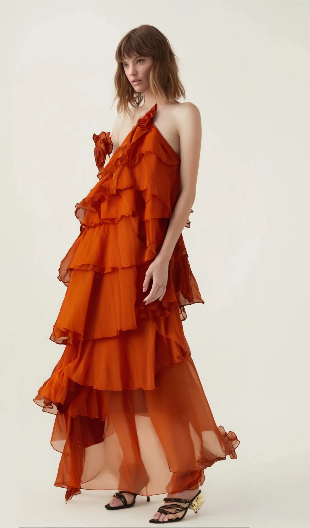 Carrie orange halterneck flounced maxi dress Gloria Lanvin