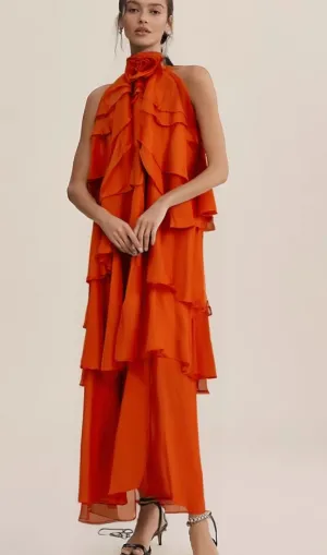 Carrie orange halterneck flounced maxi dress Gloria Lanvin