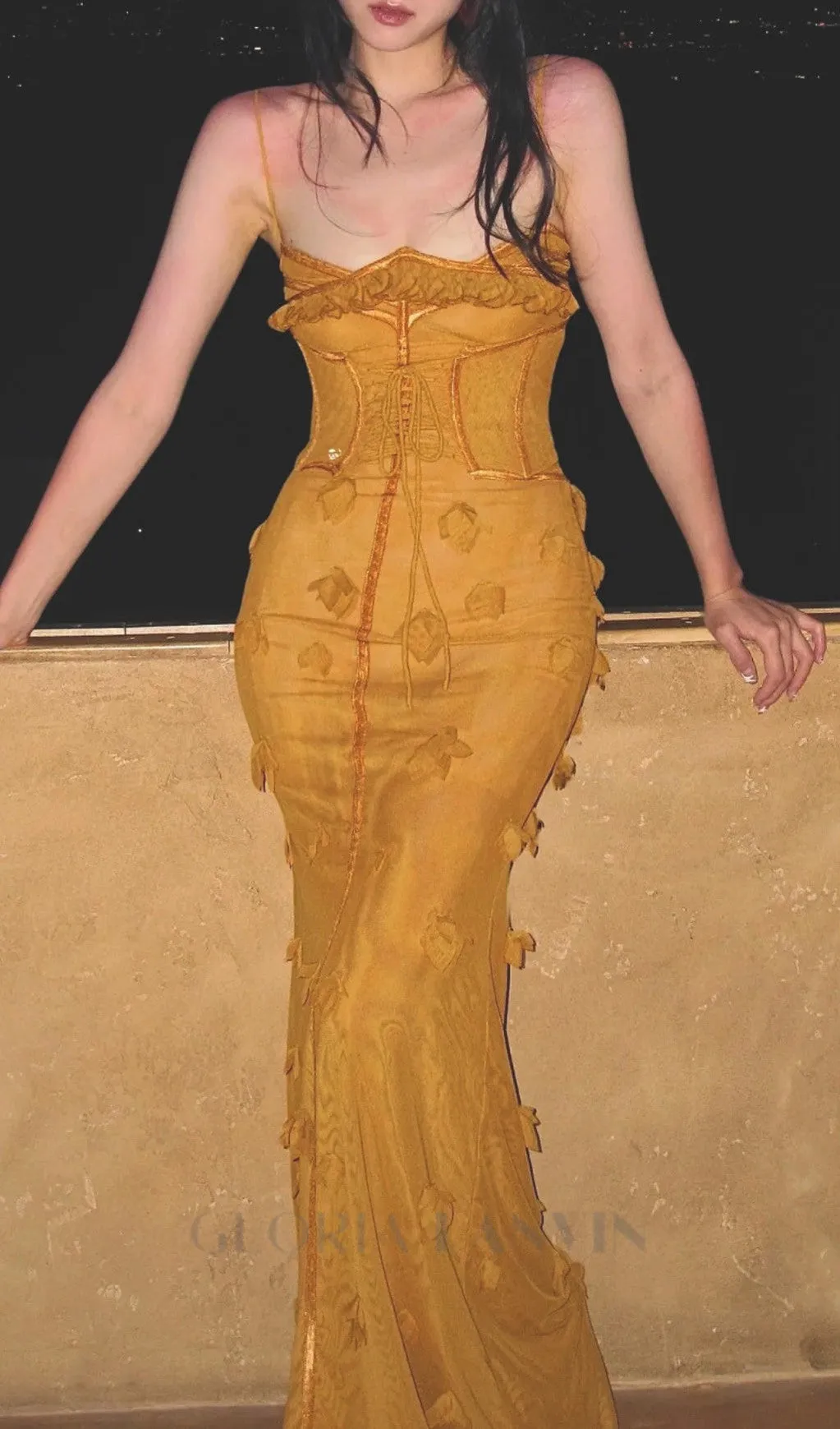 CARYS STRAPPY PETAL MAXI DRESS in yellow Gloria Lanvin