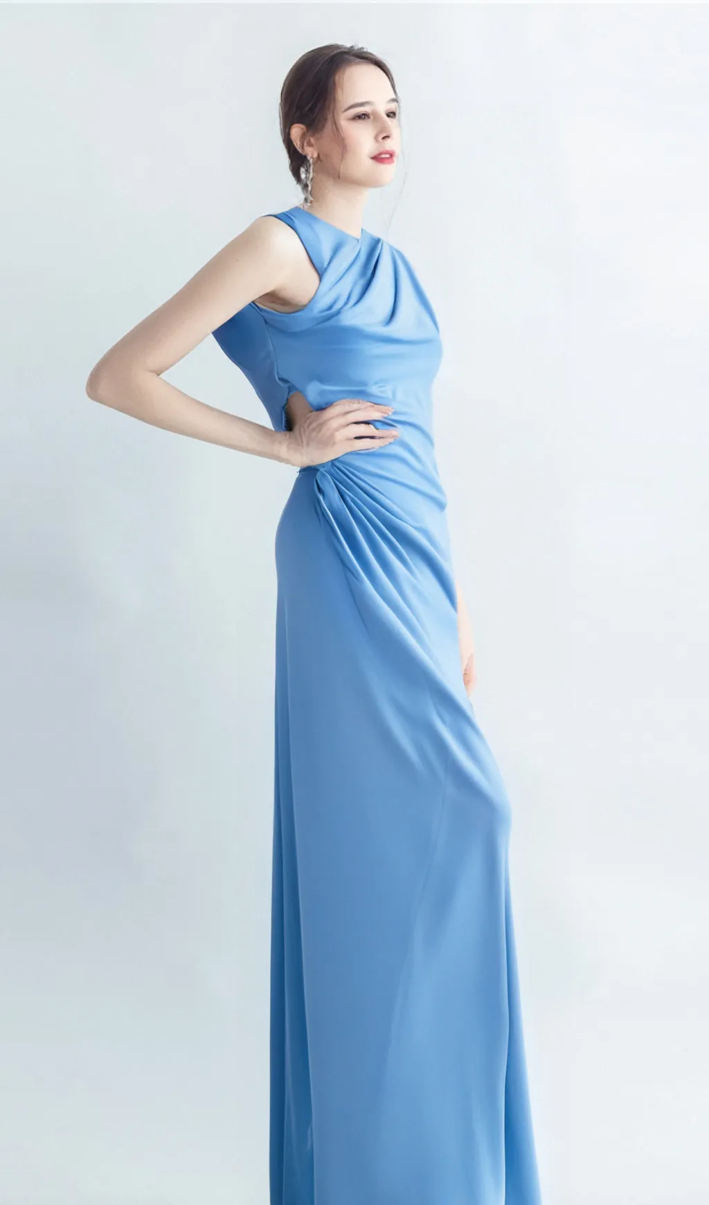 CASI SIDE-SLIT DRAPED JERSEY GOWN IN BLUE Gloria Lanvin