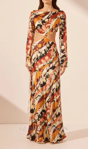 CATHERINE PRINTED CUT-OUT MAXI DRESS IN ORANGE Gloria Lanvin