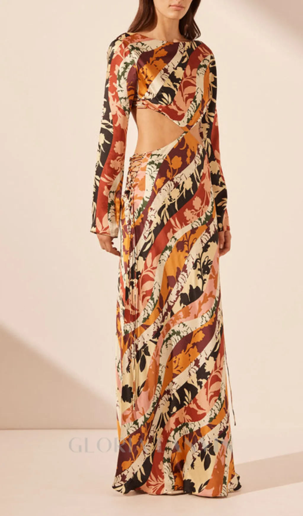 CATHERINE PRINTED CUT-OUT MAXI DRESS IN ORANGE Gloria Lanvin