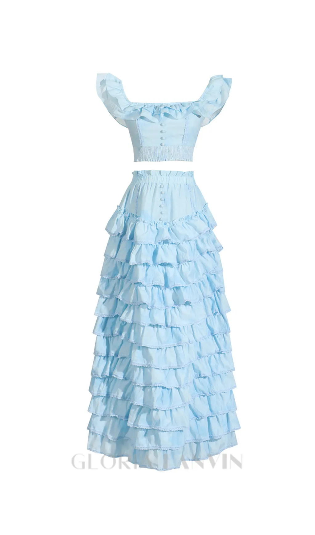 CATHY MULTI-LAYER RUFFLE MAXI DRESS SUIT IN BLUE Gloria Lanvin