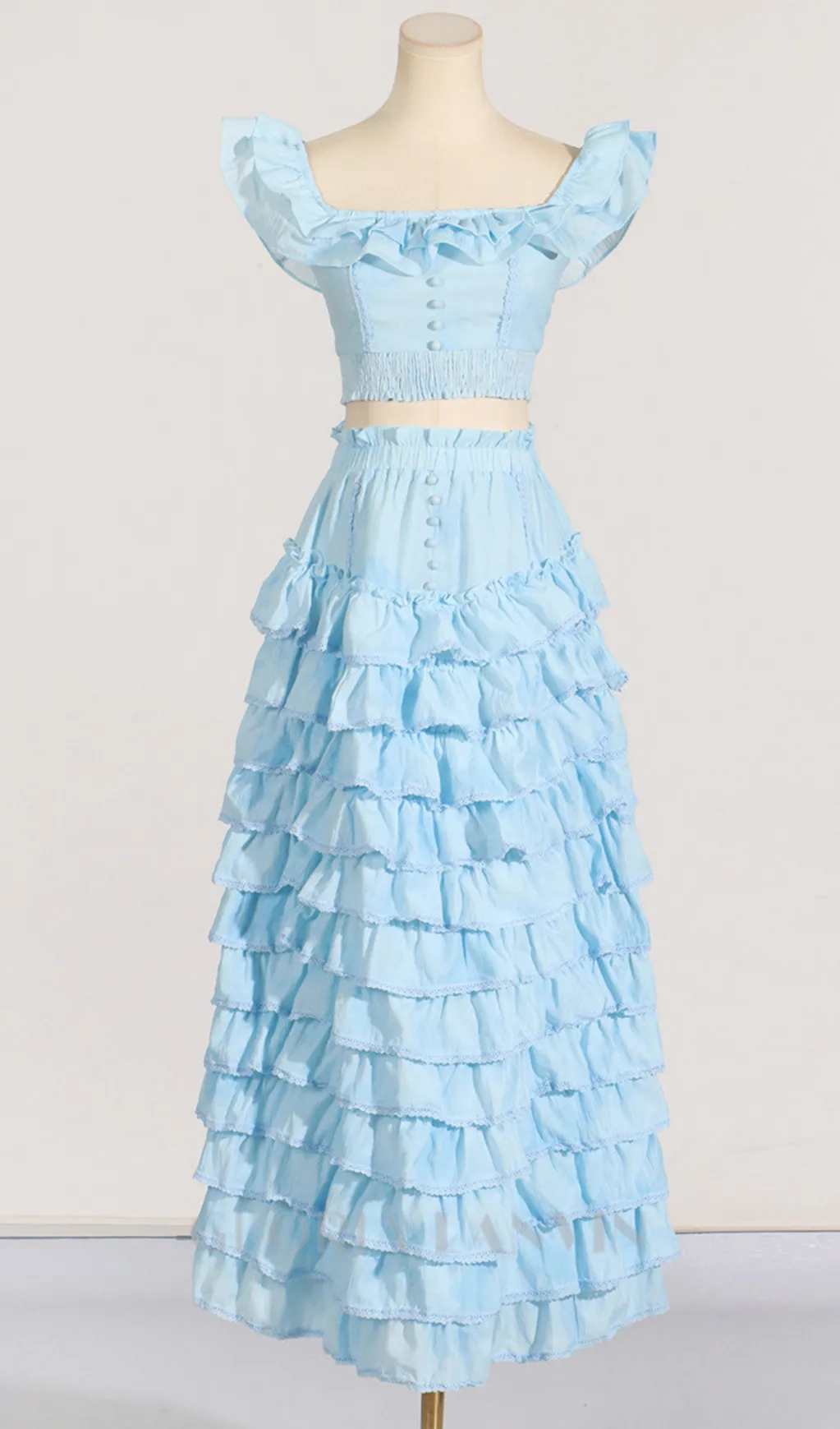 CATHY MULTI-LAYER RUFFLE MAXI DRESS SUIT IN BLUE Gloria Lanvin