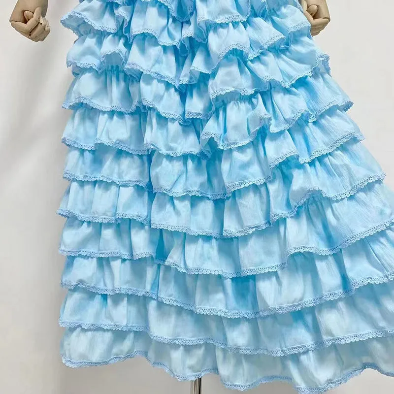 CATHY MULTI-LAYER RUFFLE MAXI DRESS SUIT IN BLUE Gloria Lanvin