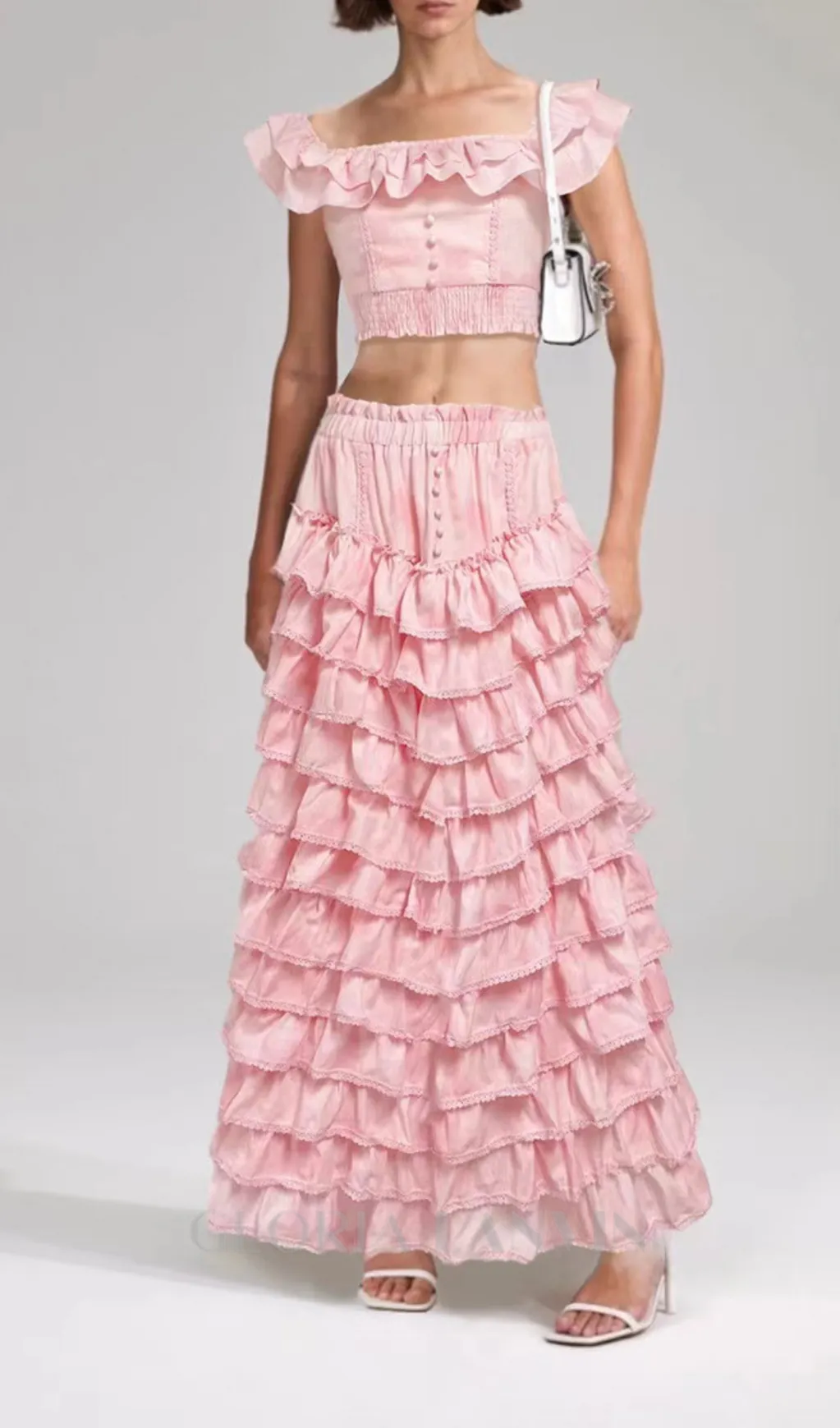 CATHY MULTI-LAYER RUFFLE MAXI DRESS SUIT IN PINK Gloria Lanvin