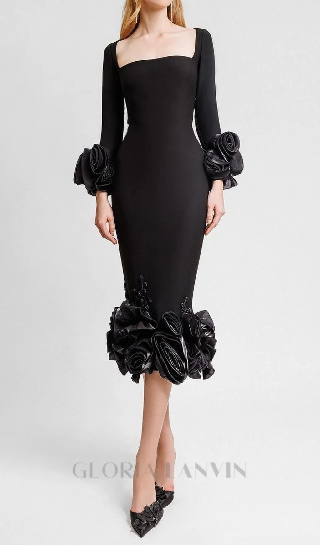 CATLIN BLACK FLOWER BANDAGE MIDI DRESS Gloria Lanvin