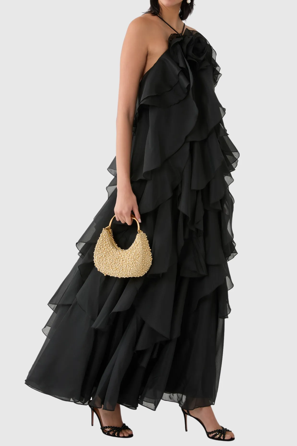 Caysie Halter Floral Ruffle Layered Maxi Dress in Black Gloria Lanvin