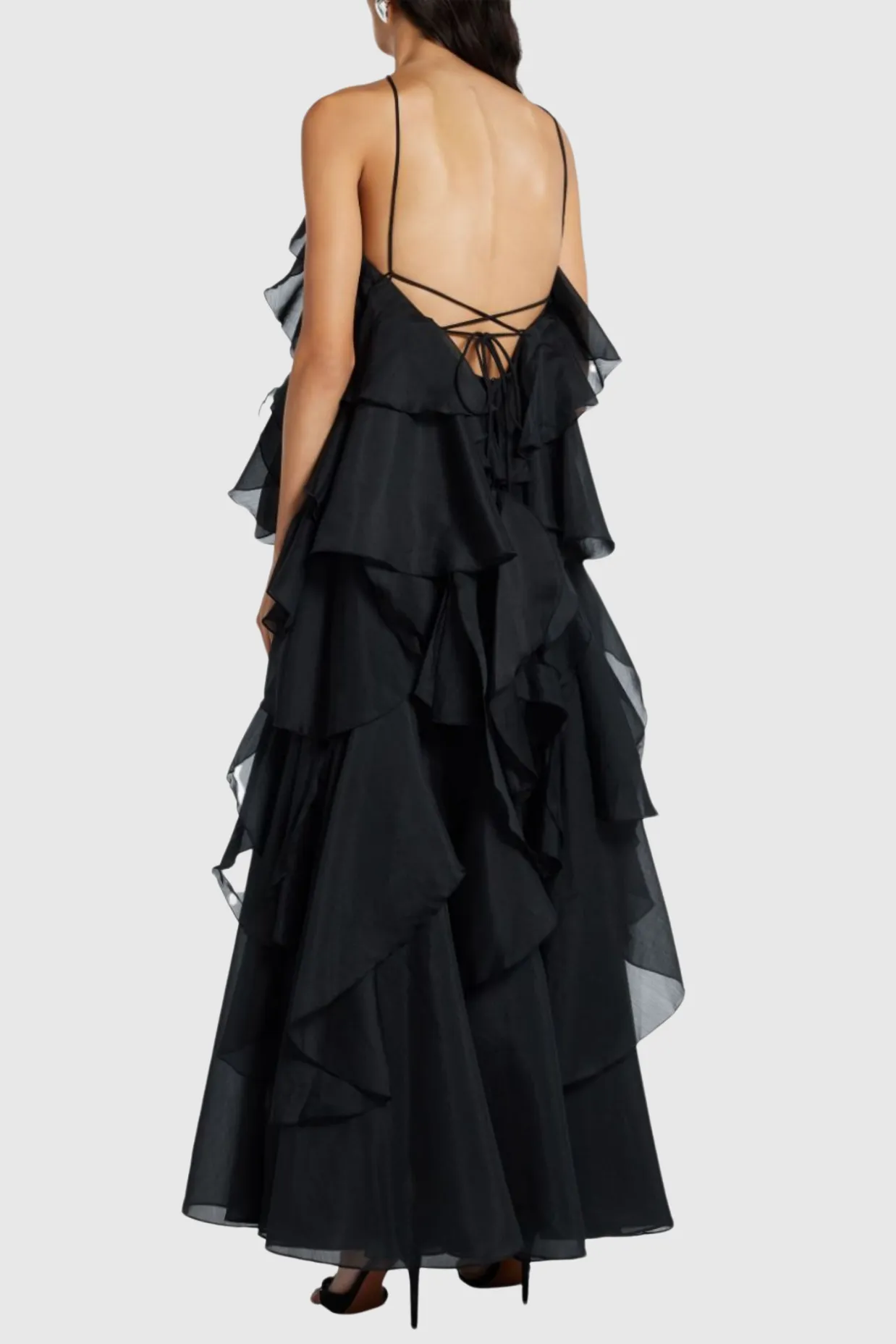 Caysie Halter Floral Ruffle Layered Maxi Dress in Black Gloria Lanvin