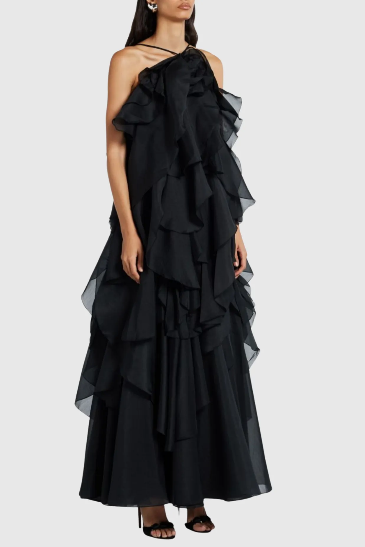 Caysie Halter Floral Ruffle Layered Maxi Dress in Black Gloria Lanvin