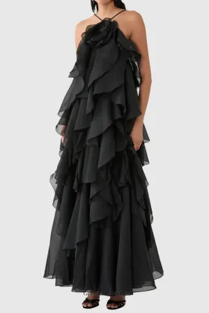 Caysie Halter Floral Ruffle Layered Maxi Dress in Black Gloria Lanvin
