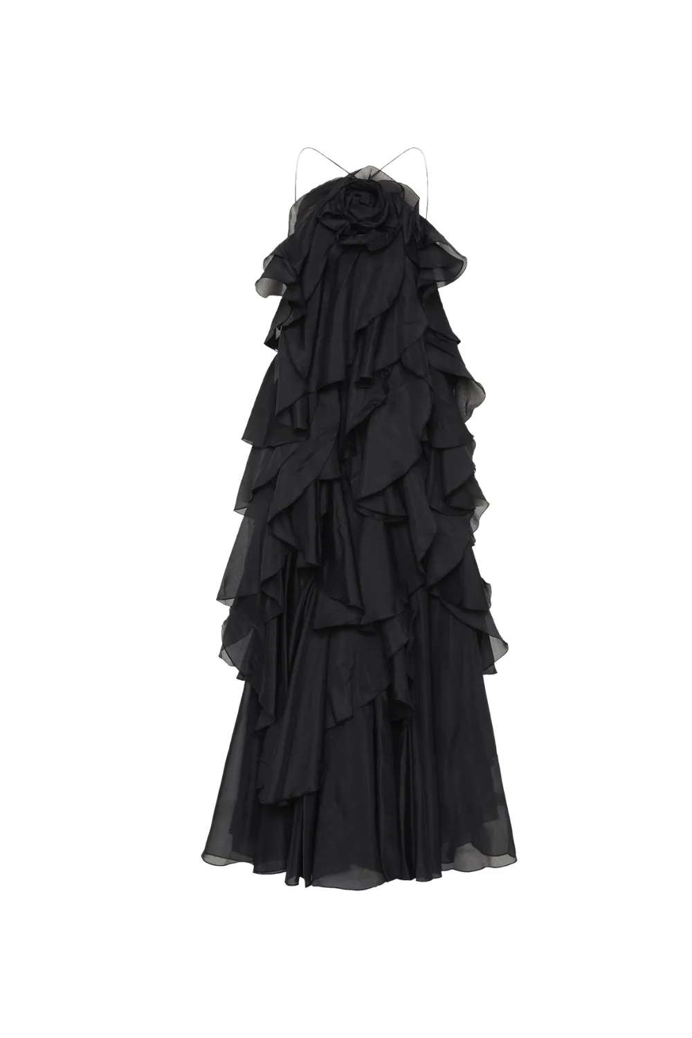 Caysie Halter Floral Ruffle Layered Maxi Dress in Black Gloria Lanvin