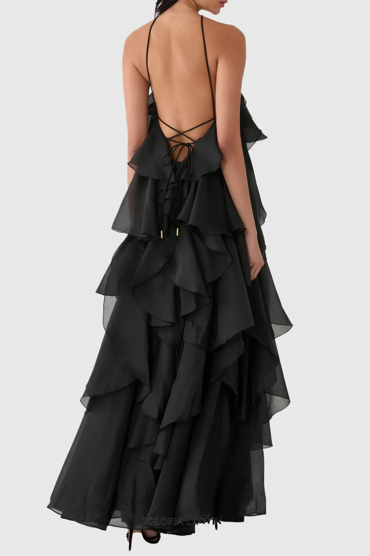 Caysie Halter Floral Ruffle Layered Maxi Dress in Black Gloria Lanvin