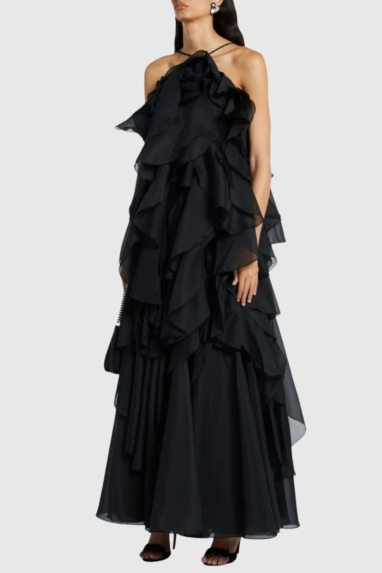 Caysie Halter Floral Ruffle Layered Maxi Dress in Black Gloria Lanvin