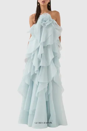 Caysie Halter Floral Ruffle Layered Maxi Dress in Blue Gloria Lanvin