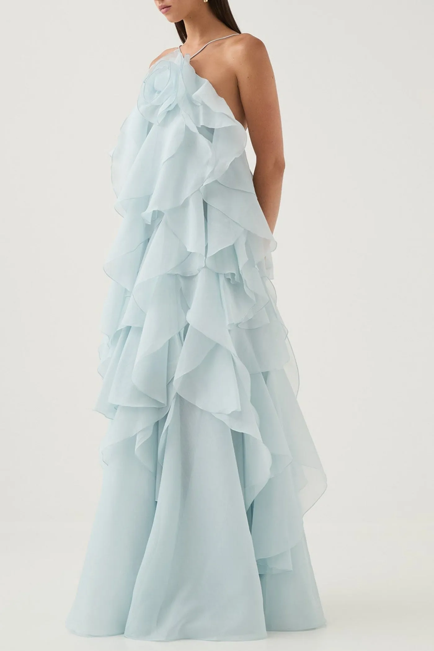 Caysie Halter Floral Ruffle Layered Maxi Dress in Blue Gloria Lanvin
