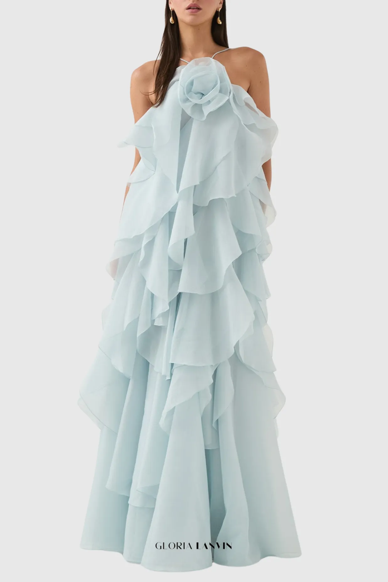 Caysie Halter Floral Ruffle Layered Maxi Dress in Blue Gloria Lanvin