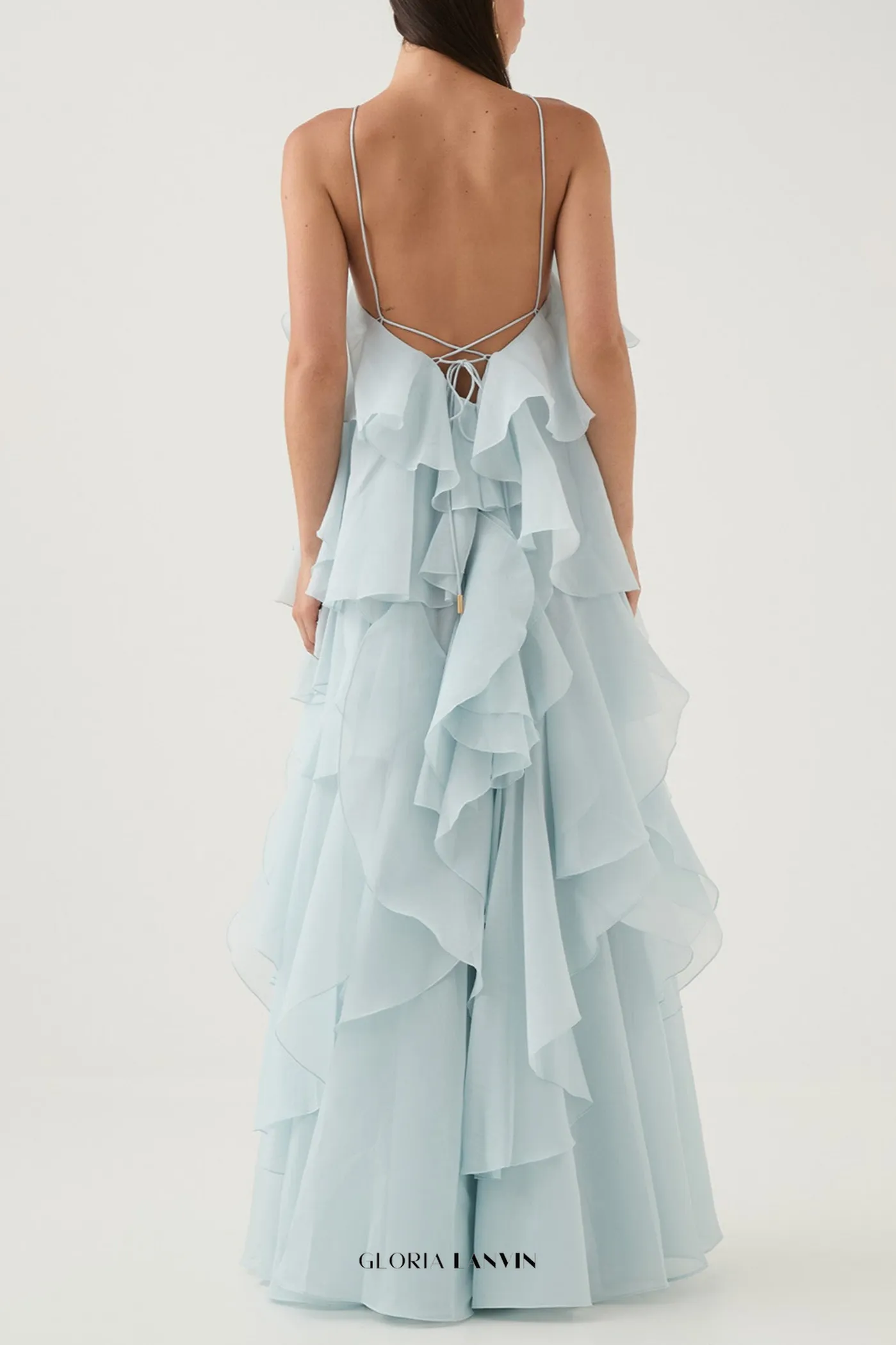 Caysie Halter Floral Ruffle Layered Maxi Dress in Blue Gloria Lanvin