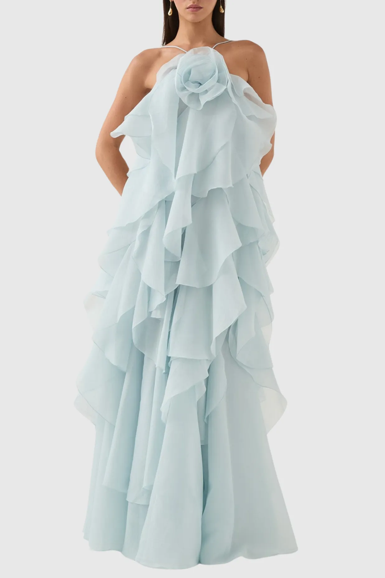 Caysie Halter Floral Ruffle Layered Maxi Dress in Blue Gloria Lanvin