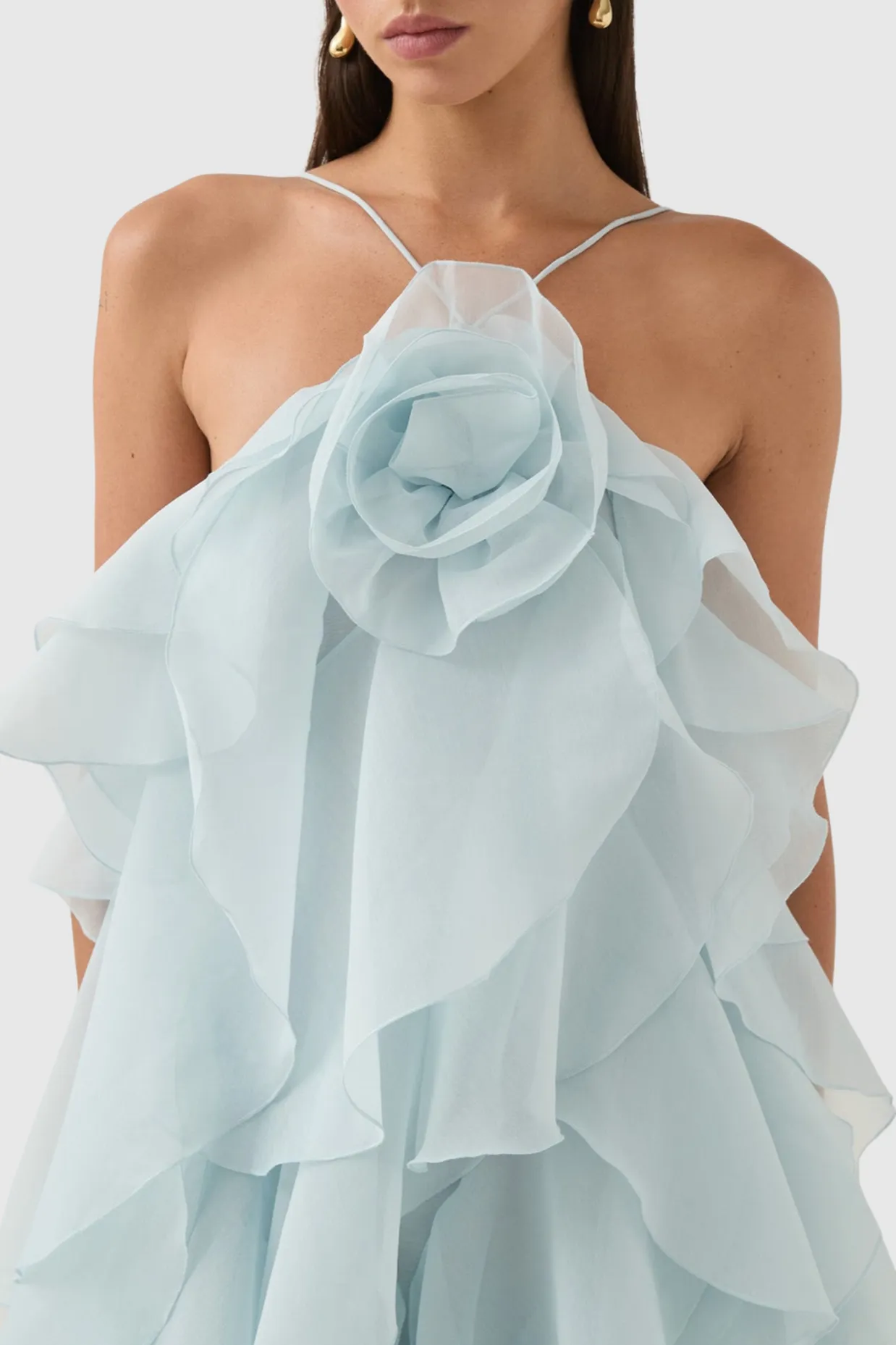 Caysie Halter Floral Ruffle Layered Maxi Dress in Blue Gloria Lanvin