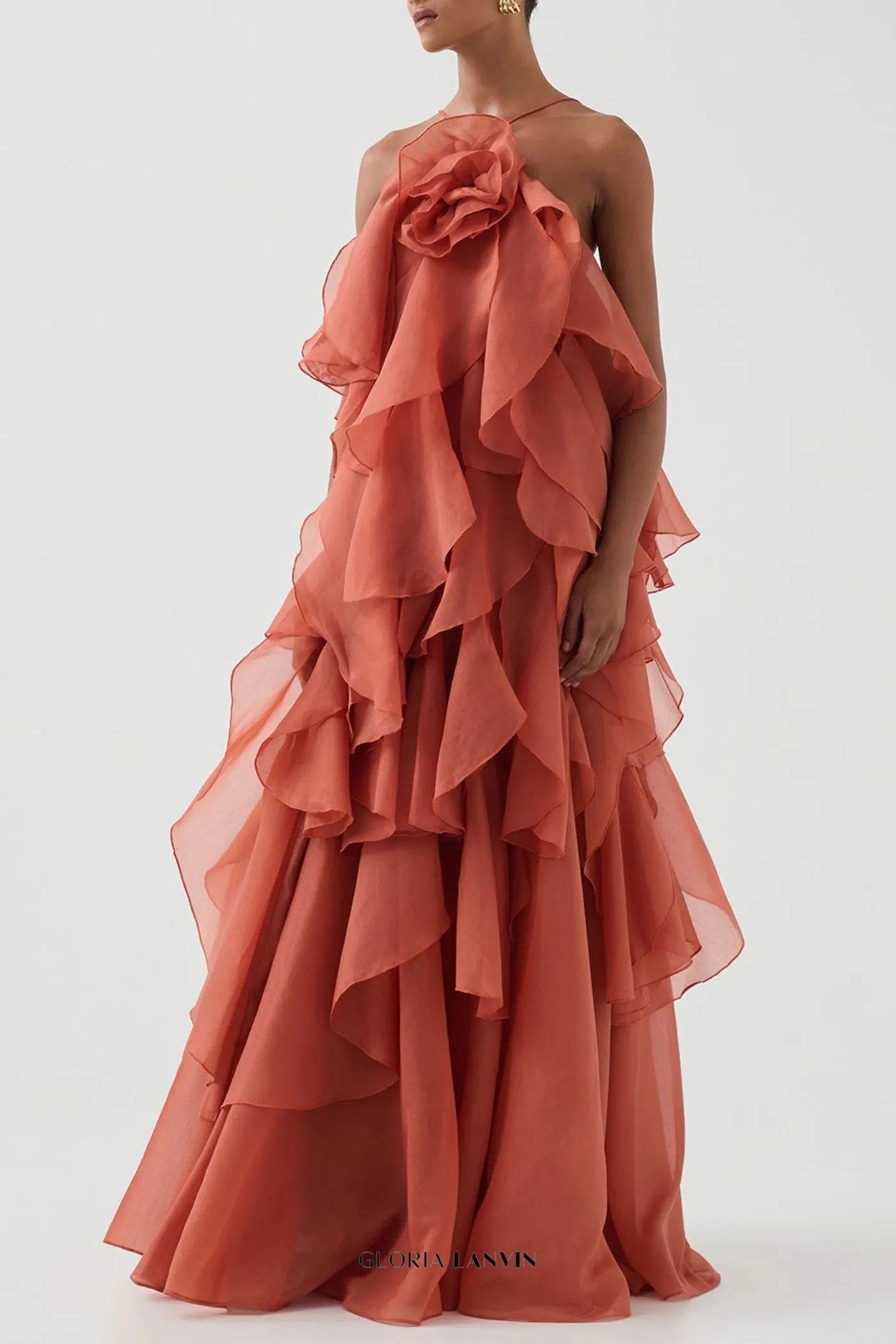 Caysie Halter Floral Ruffle Layered Maxi Dress in Orange Gloria Lanvin