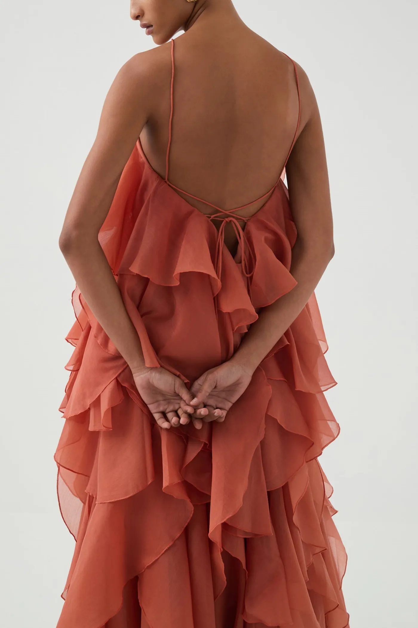 Caysie Halter Floral Ruffle Layered Maxi Dress in Orange Gloria Lanvin