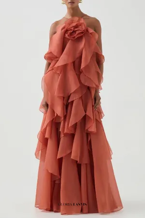 Caysie Halter Floral Ruffle Layered Maxi Dress in Orange Gloria Lanvin