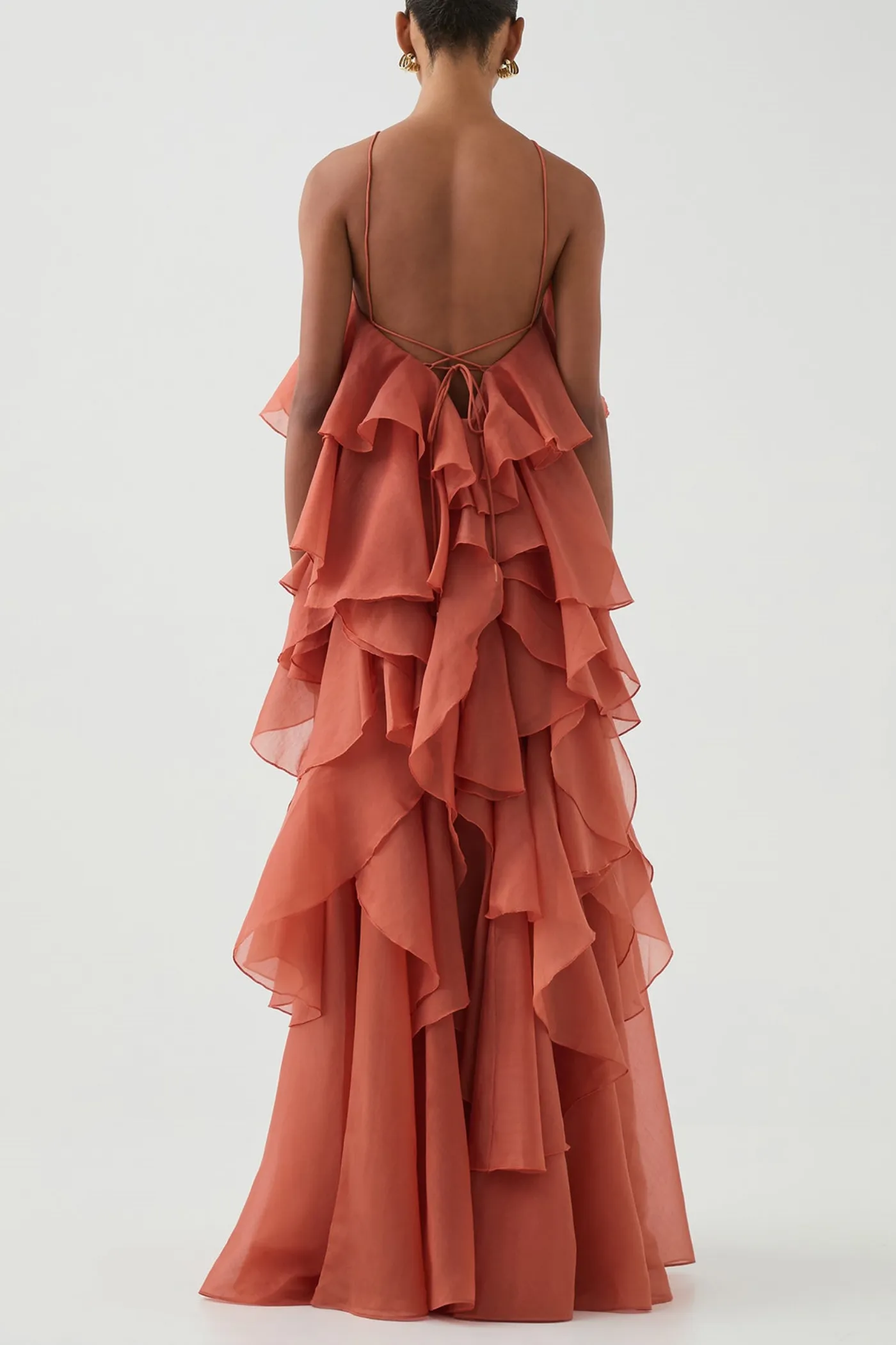 Caysie Halter Floral Ruffle Layered Maxi Dress in Orange Gloria Lanvin