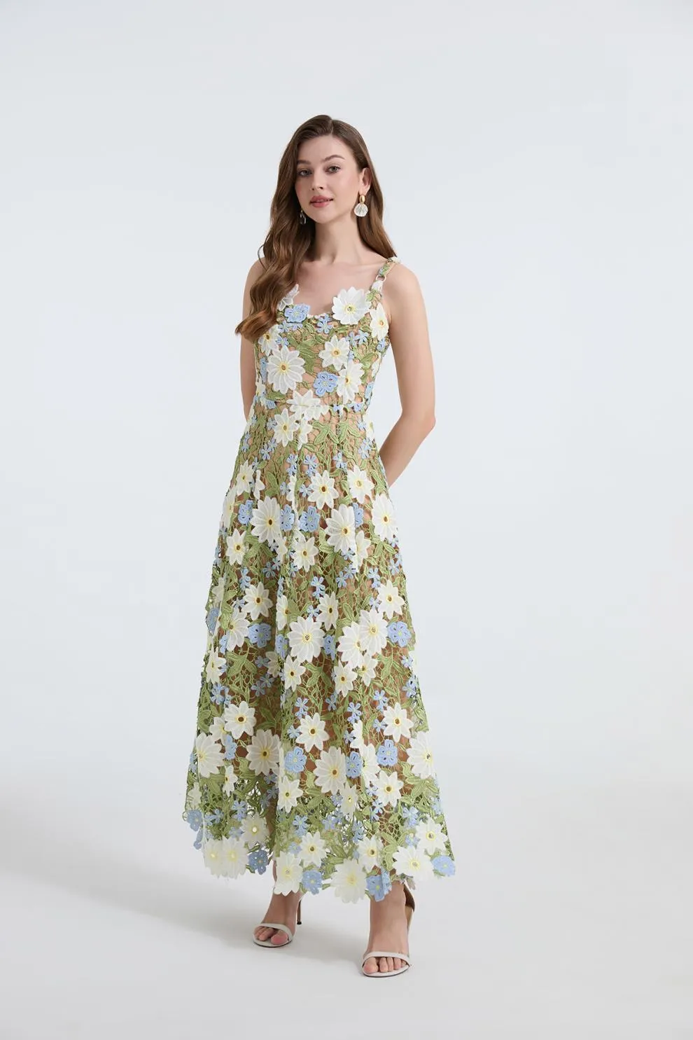 celeste floral hollow stitching maxi dress in green Gloria Lanvin