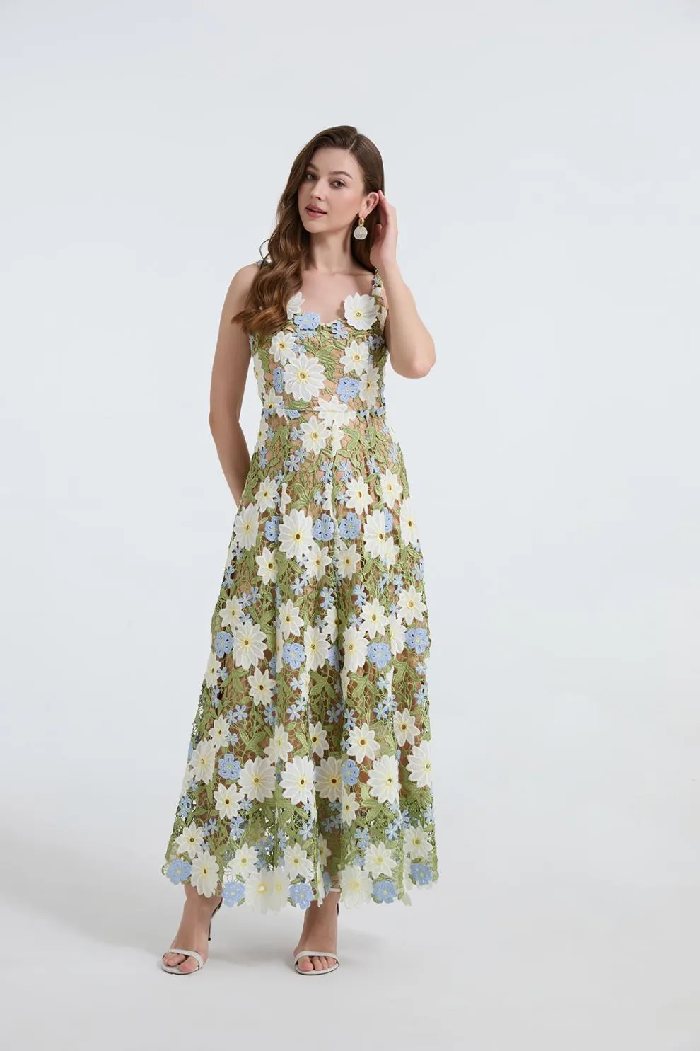 celeste floral hollow stitching maxi dress in green Gloria Lanvin